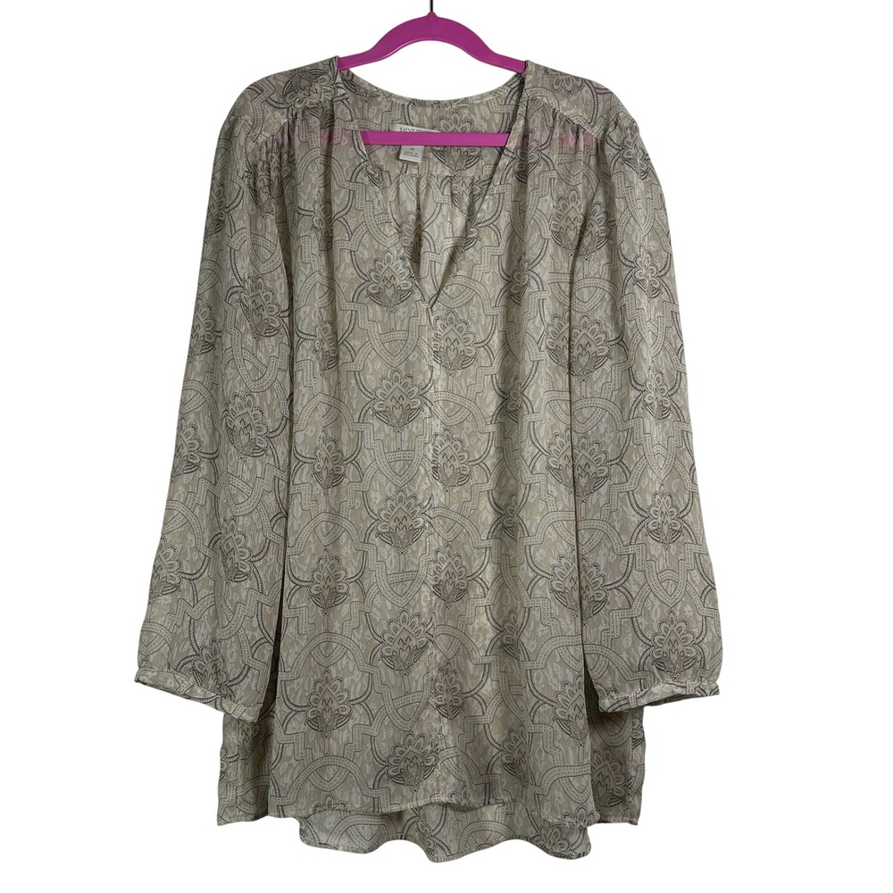 Saint‎ Tropez West Womens Medium Sheer Damask V-Neck Blouse Tan Brown Boho Top